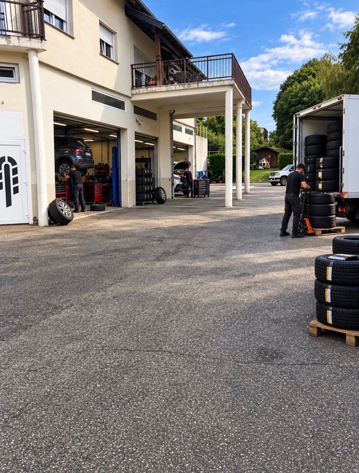 L’atelier à Forbach et ses stocks de pneus